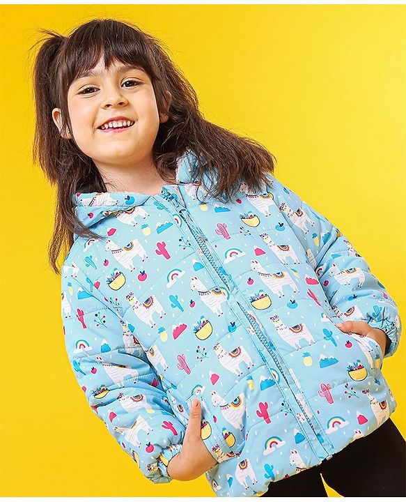 Babyhug Full Sleeves Hooded Padded Jacket Llama Print - Blue
