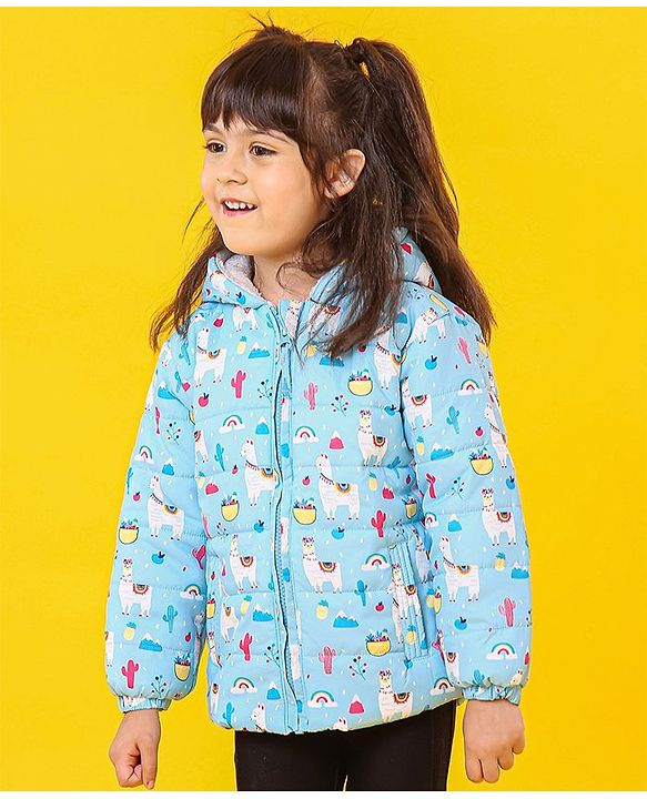 Babyhug Full Sleeves Hooded Padded Jacket Llama Print - Blue