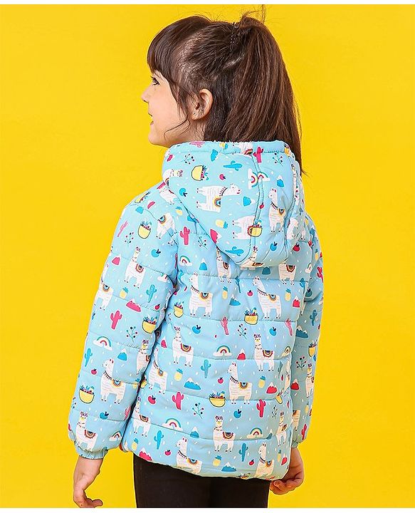 Babyhug Full Sleeves Hooded Padded Jacket Llama Print - Blue