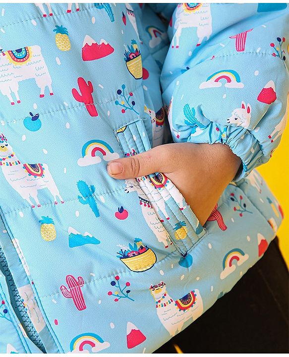 Babyhug Full Sleeves Hooded Padded Jacket Llama Print - Blue