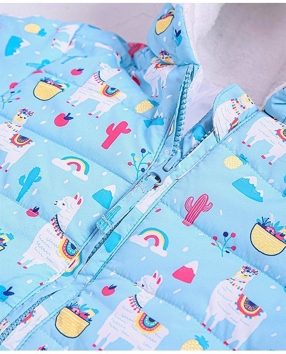 Babyhug Full Sleeves Hooded Padded Jacket Llama Print - Blue