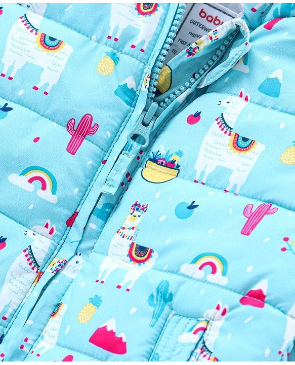Babyhug Full Sleeves Hooded Padded Jacket Llama Print - Blue