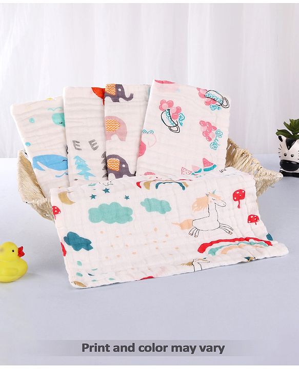 Babyhug 6 Layer Muslin Wash Cloth Pack of 5 - Multicolor(Print May Vary)
