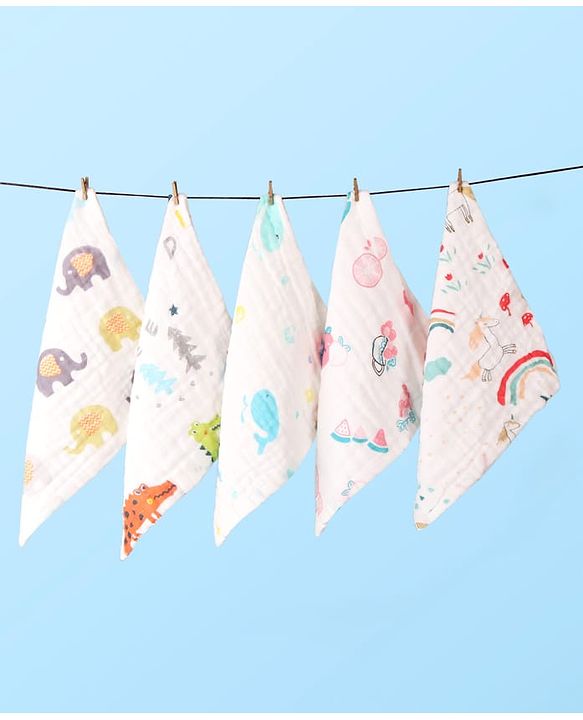 Babyhug 6 Layer Muslin Wash Cloth Pack of 5 - Multicolor(Print May Vary)