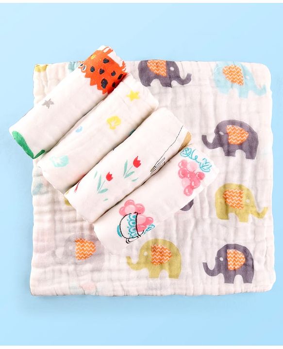 Babyhug 6 Layer Muslin Wash Cloth Pack of 5 - Multicolor(Print May Vary)