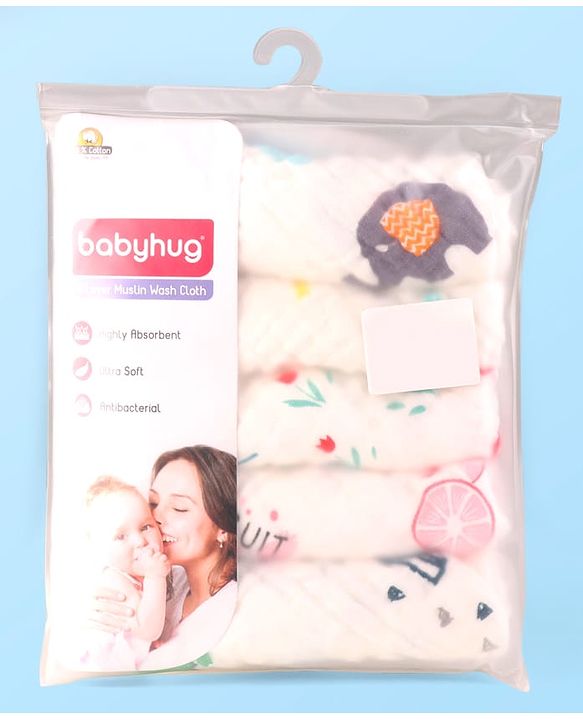Babyhug 6 Layer Muslin Wash Cloth Pack of 5 - Multicolor(Print May Vary)