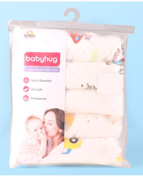 Babyhug 6 Layer Muslin Wash Cloth Pack of 5 - Multicolor(Print May Vary)