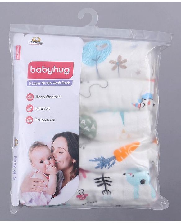 Babyhug 6 Layer Muslin Wash Cloth Pack of 5 - Multicolor(Print May Vary)