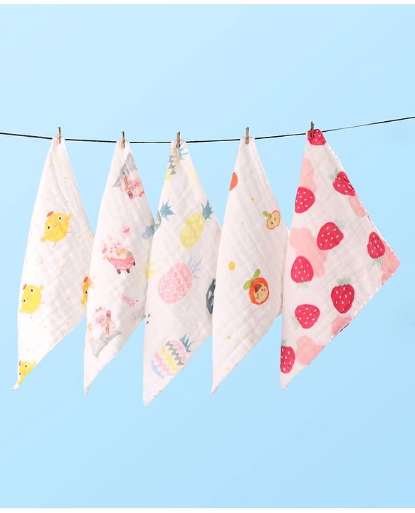 Babyhug 6 Layer Muslin Wash Cloth Pack of 5 - Multicolor(Print May Vary)