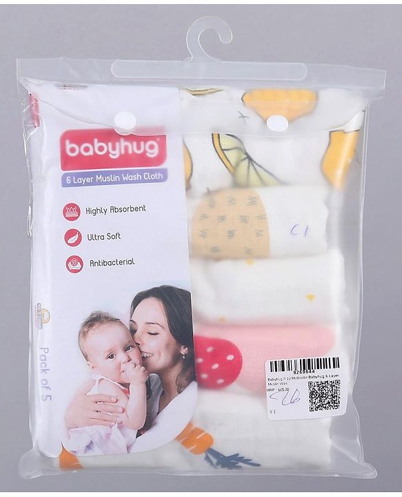 Babyhug 6 Layer Muslin Wash Cloth Pack of 5 - Multicolor(Print May Vary)