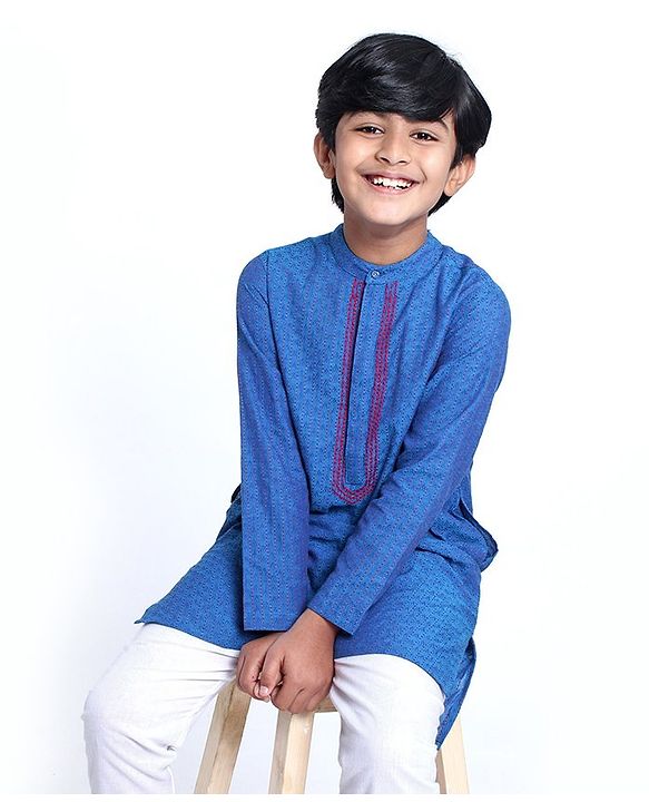 Pine Kids Full Sleeves Kurta With Embroidered Placket - Blue