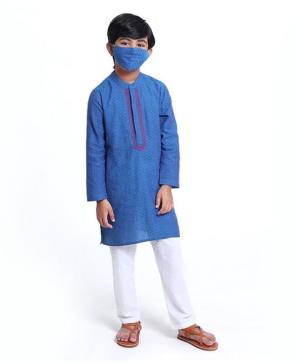 Pine Kids Full Sleeves Kurta With Embroidered Placket - Blue