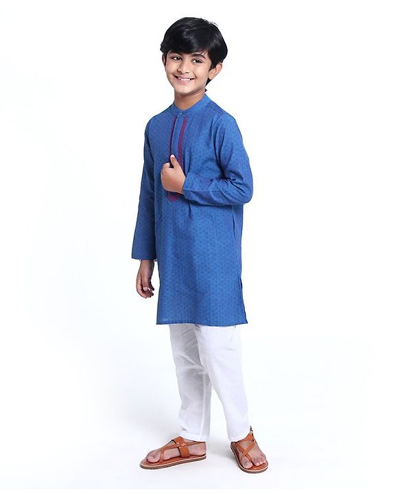 Pine Kids Full Sleeves Kurta With Embroidered Placket - Blue