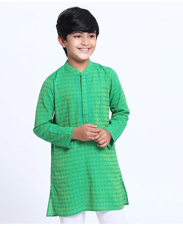 Pine Kids Full Sleeve Boys Kurta with Embroidered Placket with Matching Mask - Green