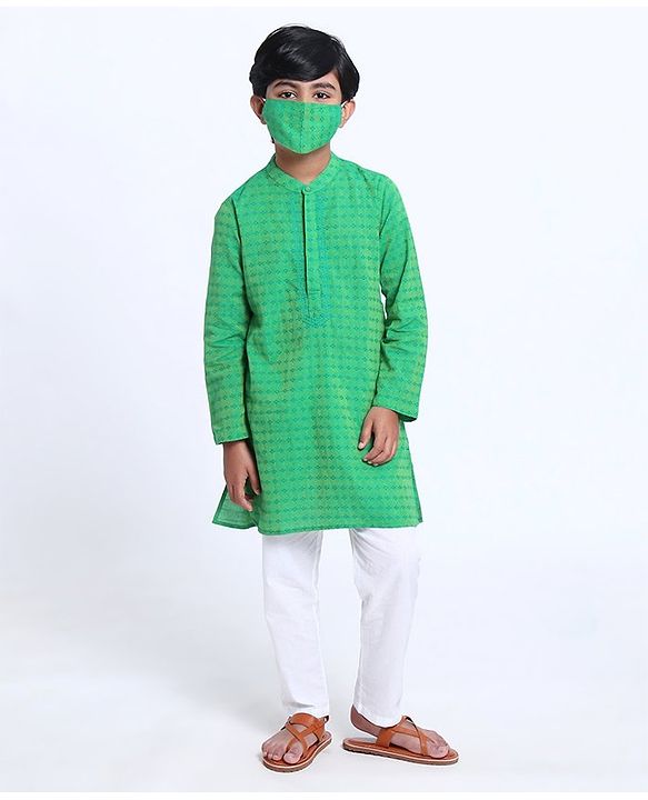 Pine Kids Full Sleeve Boys Kurta with Embroidered Placket with Matching Mask - Green