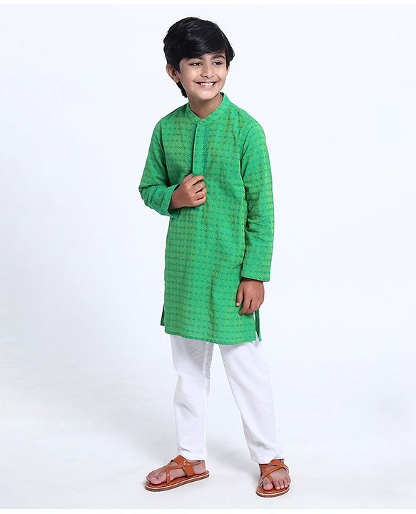 Pine Kids Full Sleeve Boys Kurta with Embroidered Placket with Matching Mask - Green
