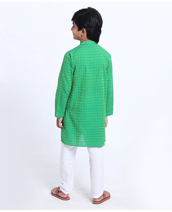 Pine Kids Full Sleeve Boys Kurta with Embroidered Placket with Matching Mask - Green