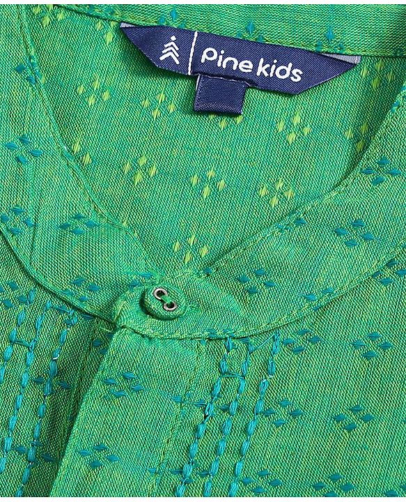 Pine Kids Full Sleeve Boys Kurta with Embroidered Placket with Matching Mask - Green