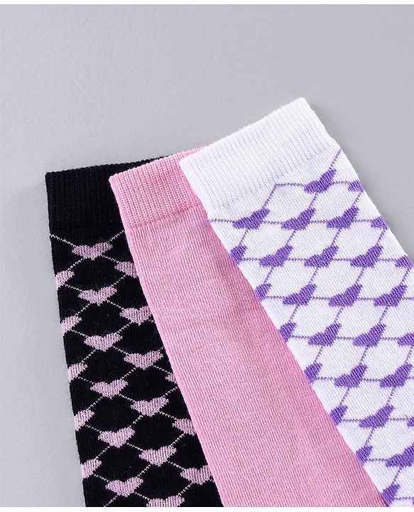 Pine Kids Mid Calf Socks Heart Design Pack of 3 - Pink White Navy Blue