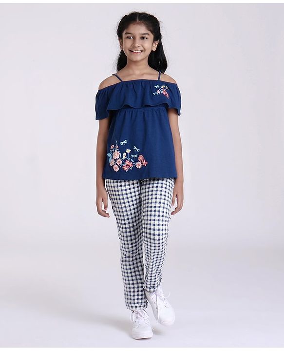 Pine Kids Biowash Singlet Embroidered Top & Check Pant - Navy Blue