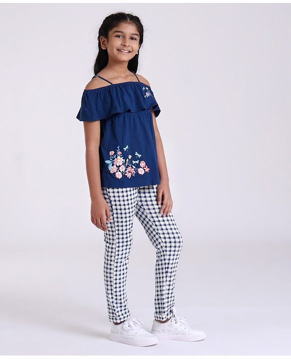 Pine Kids Biowash Singlet Embroidered Top & Check Pant - Navy Blue
