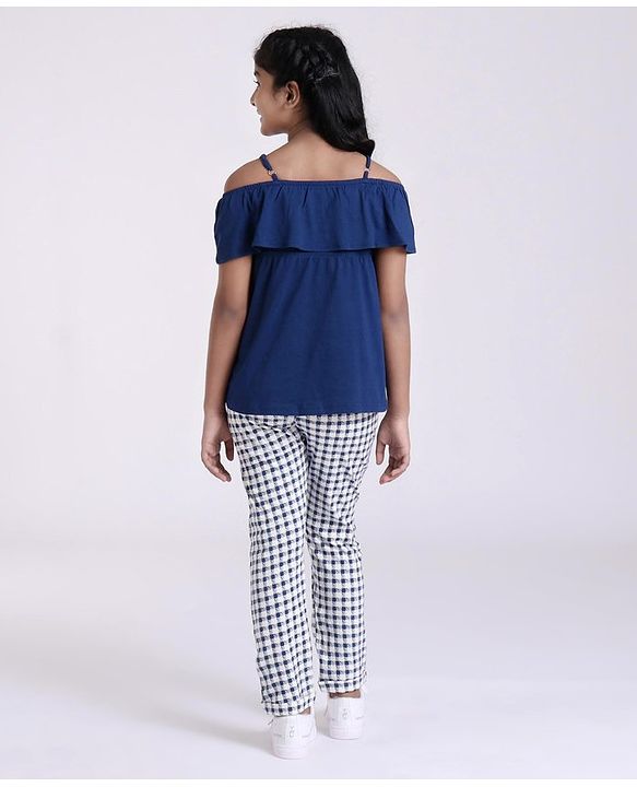 Pine Kids Biowash Singlet Embroidered Top & Check Pant - Navy Blue