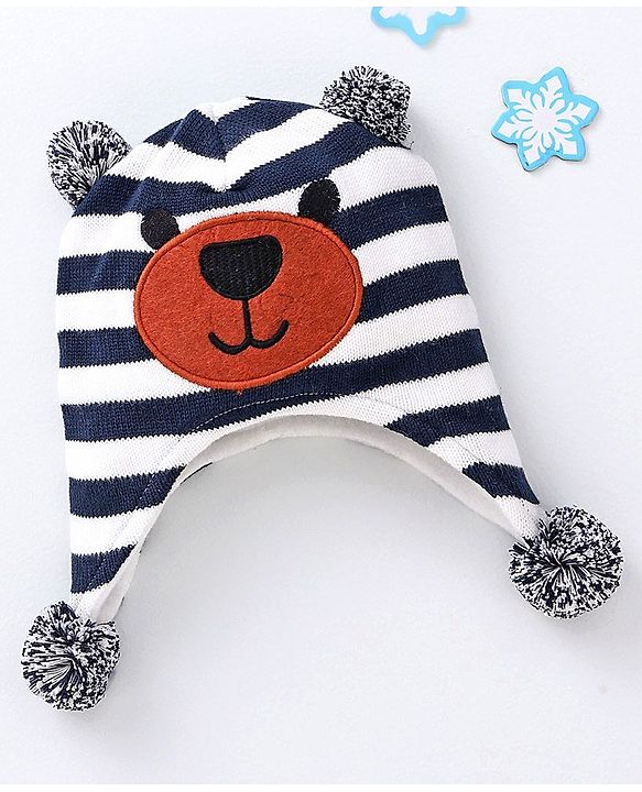 Babyhug Stripes Bear Face Cotton Cap Blue - Cap Diameter 10.5 cm