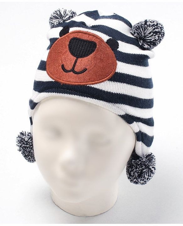 Babyhug Stripes Bear Face Cotton Cap Blue - Cap Diameter 10.5 cm