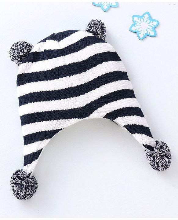 Babyhug Stripes Bear Face Cotton Cap Blue - Cap Diameter 10.5 cm