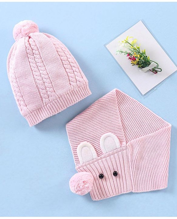 Babyhug Cotton Cap & Muffler Set Pink - Cap Diameter 10.5 cm