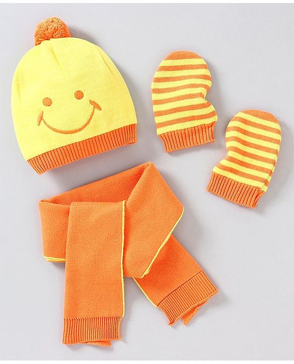 Babyhug Woollen Cap with Muffler and Mittens Yellow - Diameter 11 cm