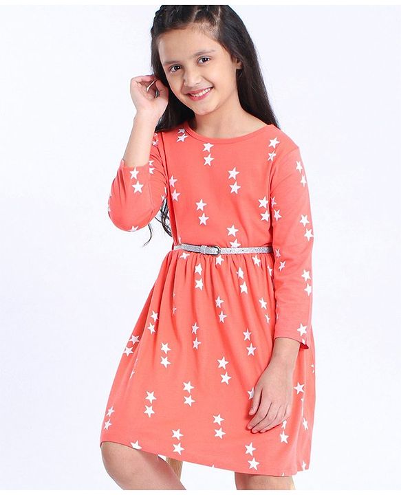 Pine Kids Full Sleeves Frock Star Print - Peach