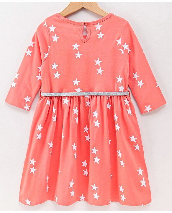 Pine Kids Full Sleeves Frock Star Print - Peach