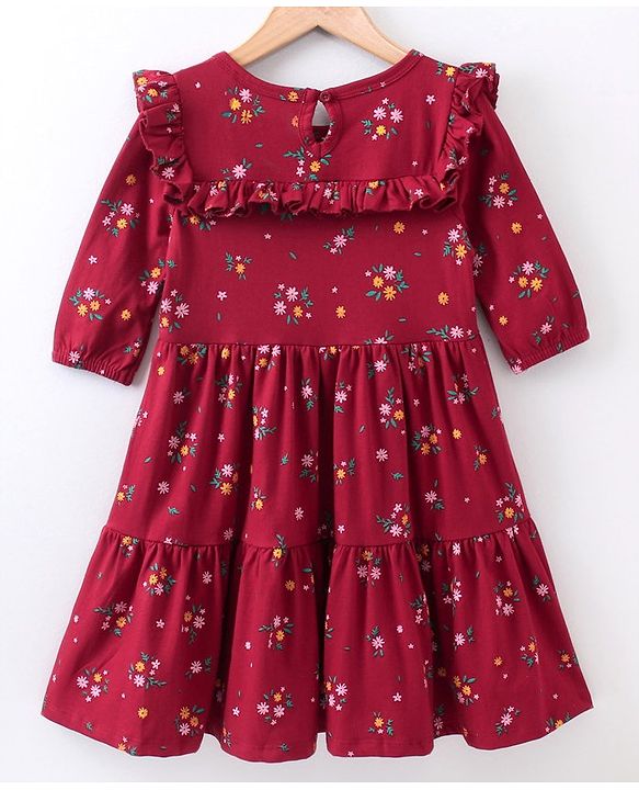 Pine Kids Full Sleeves Biowashed Frock Floral Print - Beet Red