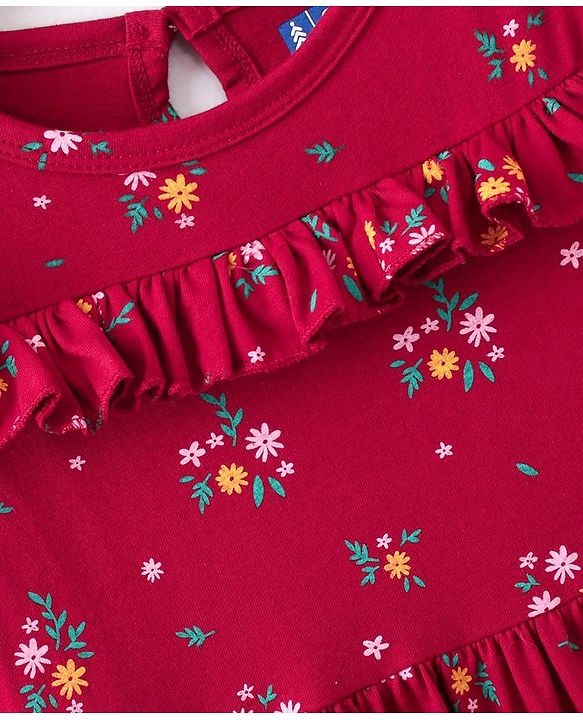 Pine Kids Full Sleeves Biowashed Frock Floral Print - Beet Red