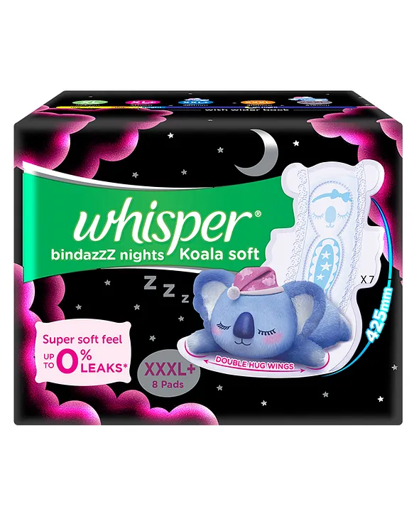 Whisper Bindazzz Night Sanitary Pads, Pack of 30 thin Pads, XL+