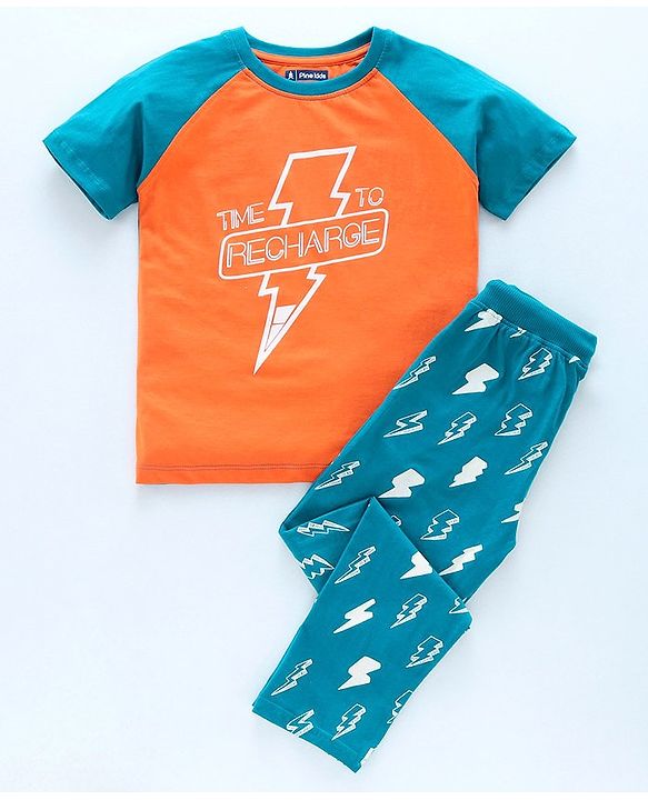 Pine Kids Half Sleeves Bio Washed T-Shirt & Pajama Set Thunder Graphic - Orange & Blue