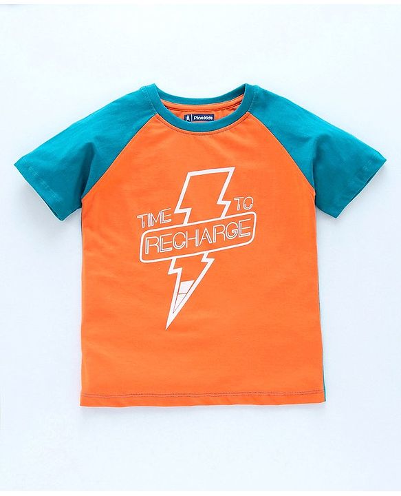 Pine Kids Half Sleeves Bio Washed T-Shirt & Pajama Set Thunder Graphic - Orange & Blue