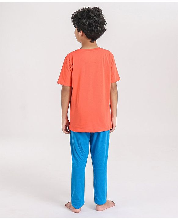 Pine Kids Half Sleeves Night Suit Text Print - Orange Blue