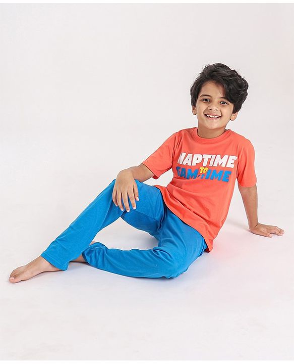 Pine Kids Half Sleeves Night Suit Text Print - Orange Blue