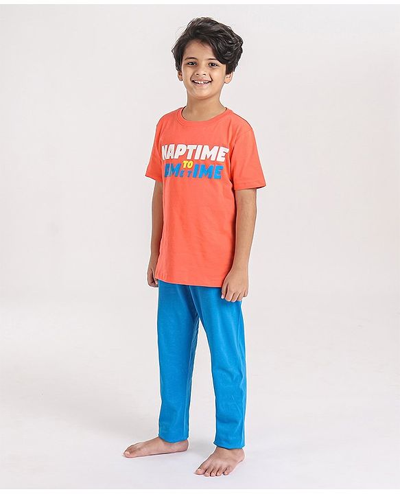 Pine Kids Half Sleeves Night Suit Text Print - Orange Blue