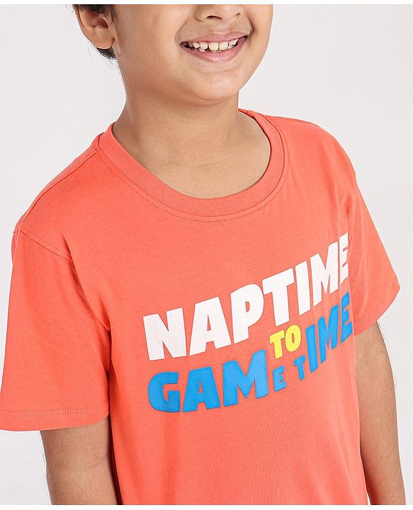Pine Kids Half Sleeves Night Suit Text Print - Orange Blue