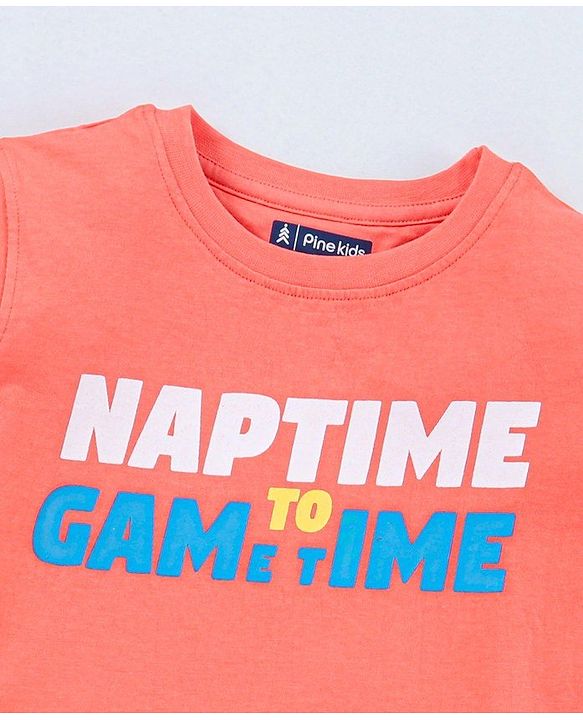 Pine Kids Half Sleeves Night Suit Text Print - Orange Blue