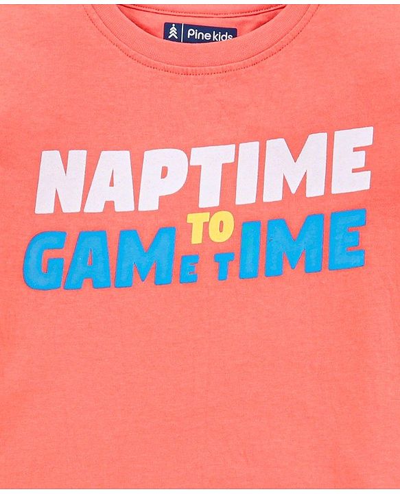 Pine Kids Half Sleeves Night Suit Text Print - Orange Blue