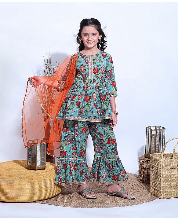 Pine Kids Printed Kurta Sharara Set with MeshDupatta - Green