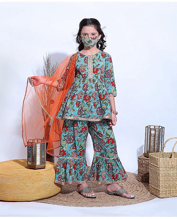 Pine Kids Printed Kurta Sharara Set with MeshDupatta - Green