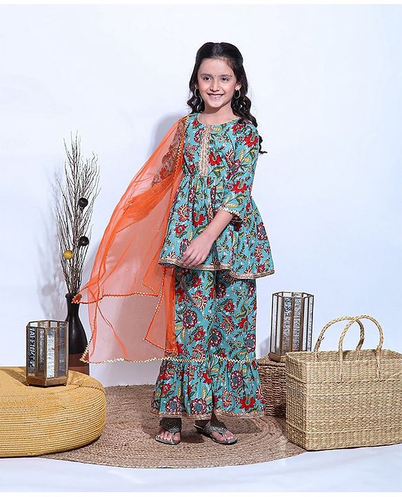 Pine Kids Printed Kurta Sharara Set with MeshDupatta - Green
