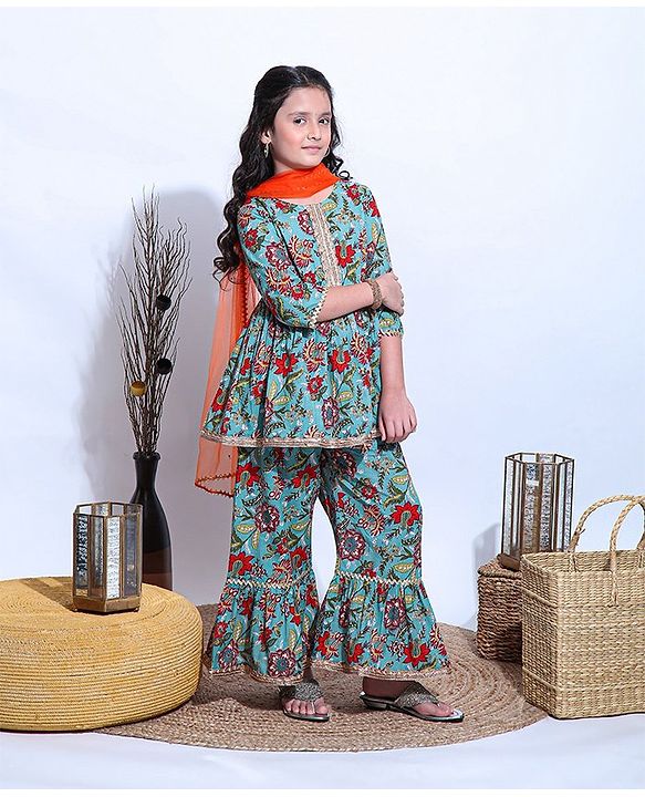 Pine Kids Printed Kurta Sharara Set with MeshDupatta - Green