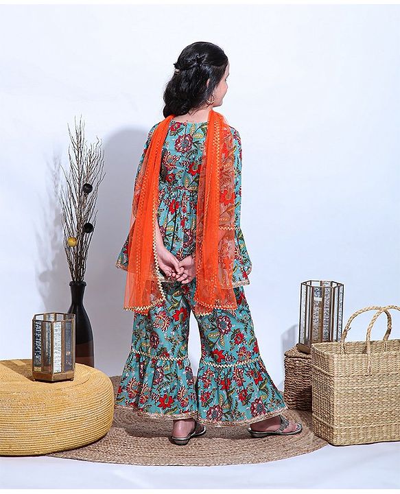 Pine Kids Printed Kurta Sharara Set with MeshDupatta - Green