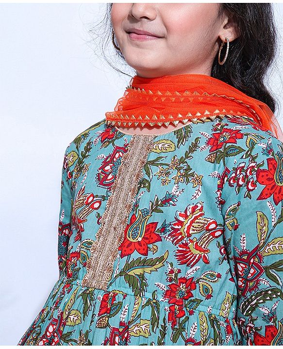 Pine Kids Printed Kurta Sharara Set with MeshDupatta - Green